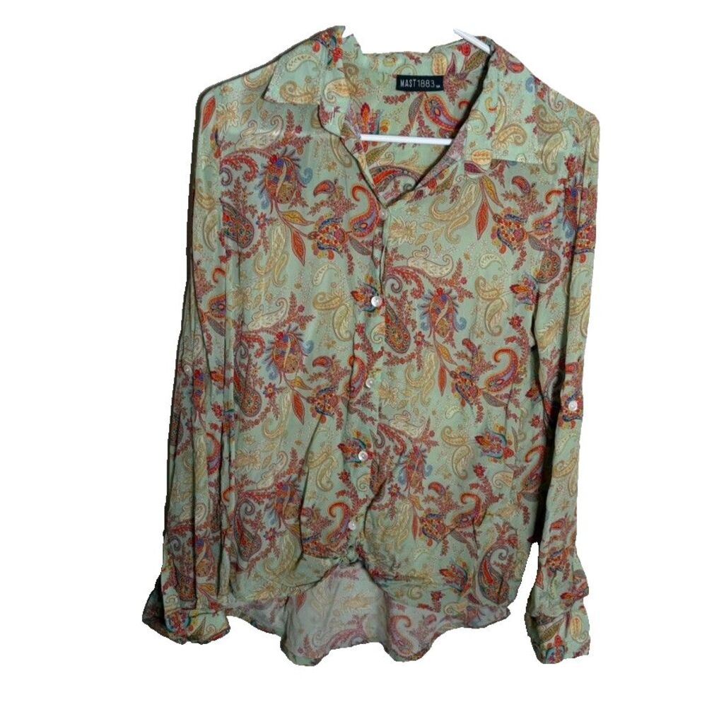 Mast 1883 Blouse Women's Medium Paisley Cupro Blend Button Up Sheer Top Boho